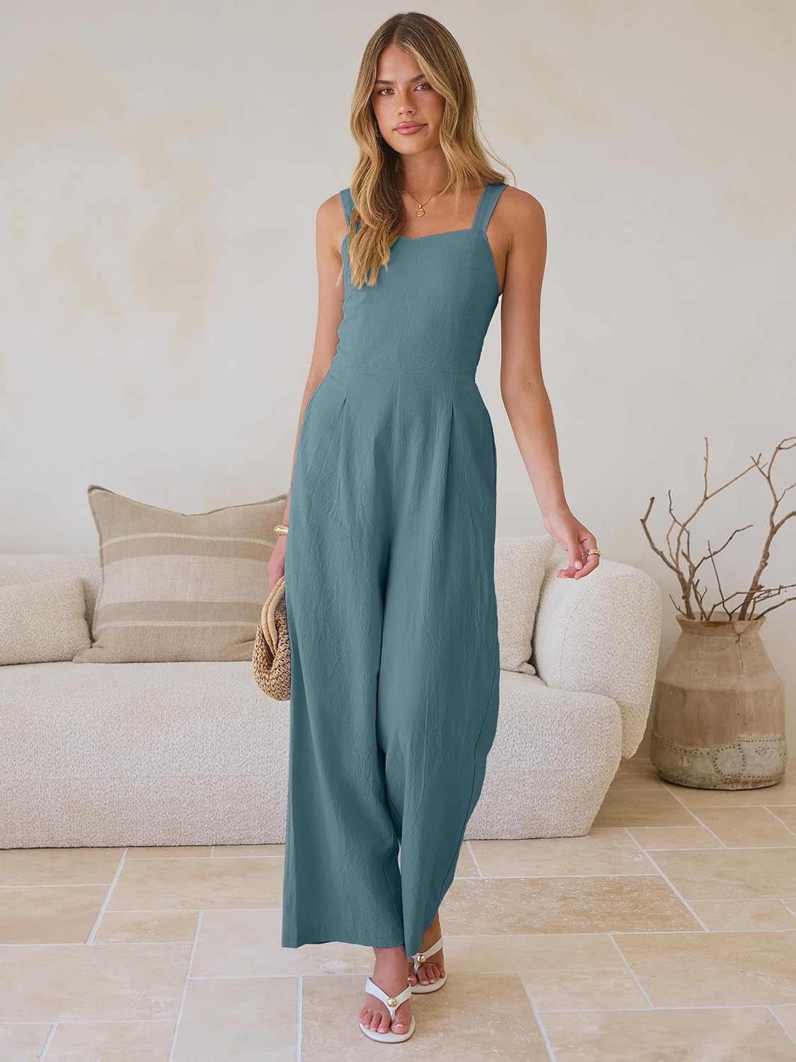 ANRABESS Womens Jumpsuit Casual Summer Wide Leg Sleeveless Smocked One Piece Romper 2026 Beach Travel Vacation Jumper Outfits - Image 7