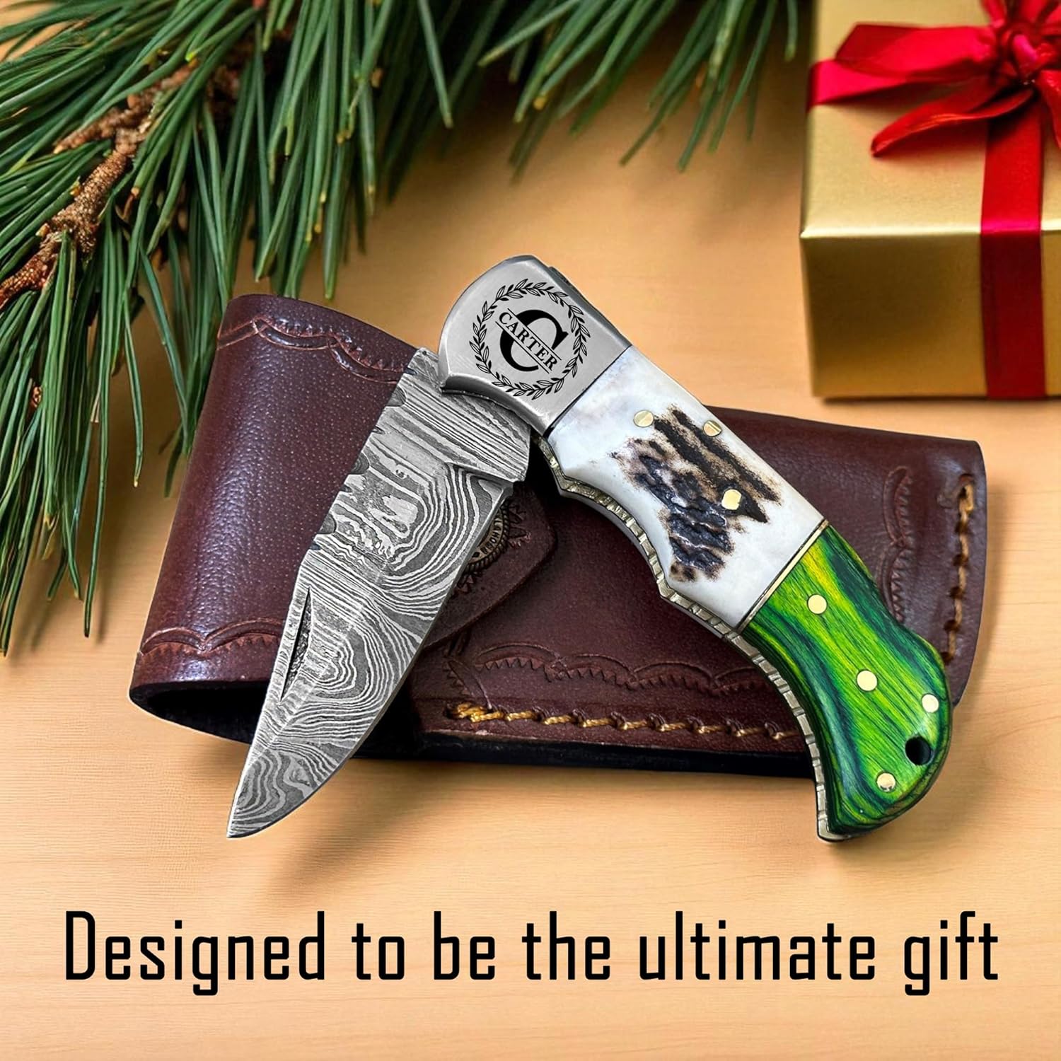 Personalized Engraved Damascus Steel Pocket Folding Knife Customized Gift for Husband Dad Boyfriend, Groomsmen Gifts, Best Man Gifts for Wedding, 100% Handmade 6.5" Knives for Outdoor Camping Back