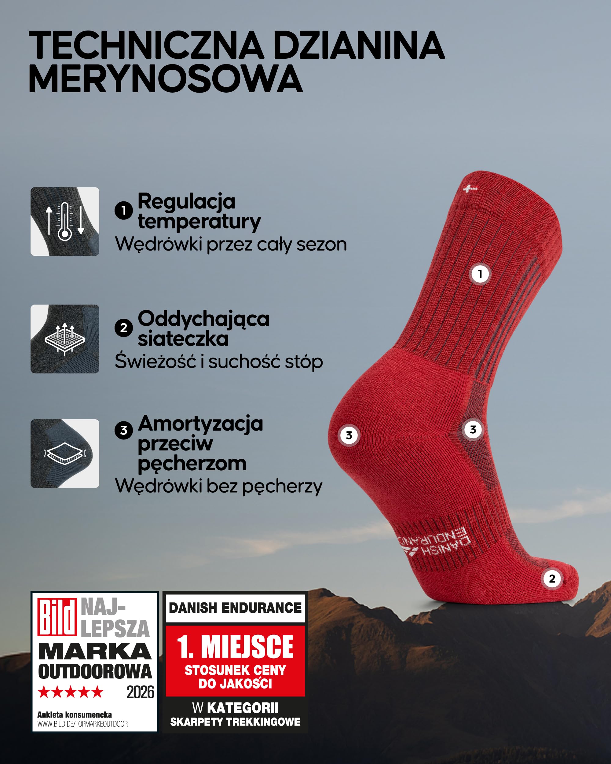 DANISH ENDURANCE Skarpety Trekkingowe Premium, Wełna Merino, Skarpety do Wędrówek, Damskie i Męskie 2-Pak