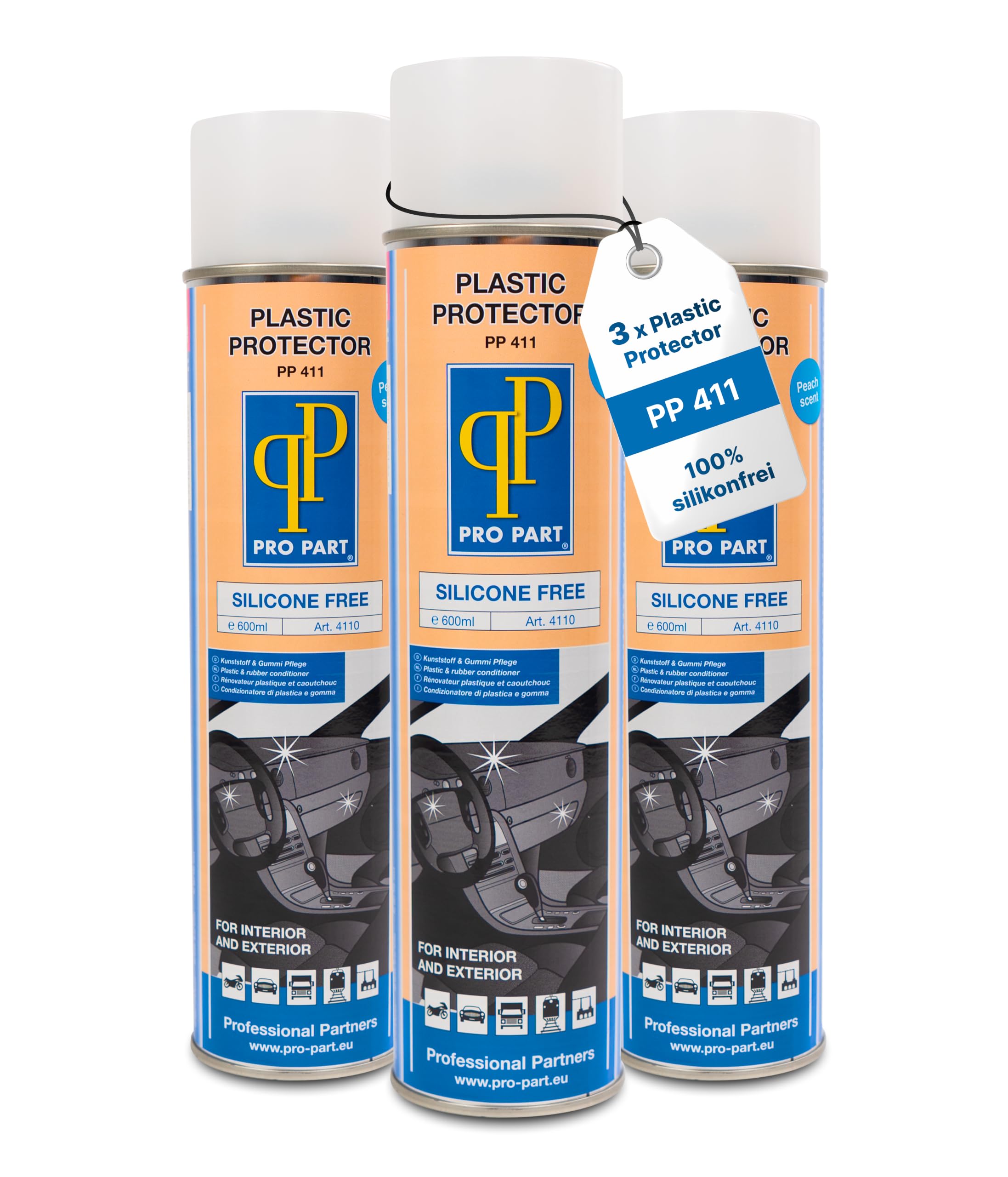 Pro Part® Plastic Protector Kunststoffpflege Spray (3x600 mL) – silikonfrei, seidenmatt, Nicht fettend–antistatisch,angenehmer Duft –Gummipflege Auto Innen Außen–Made in EU