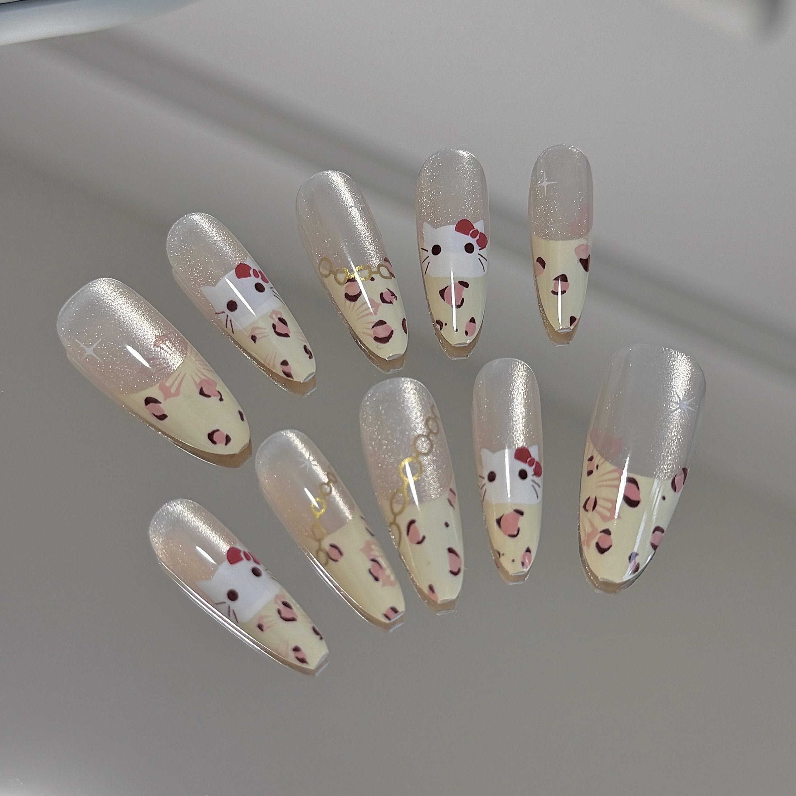 24 Pcs Fake Nails Almond Long Leopard Print Almond Press on Nails Long Nail Tips Acrylic Press on Nails Yellow Press on Nails Full Cover Nail Tips Cat
