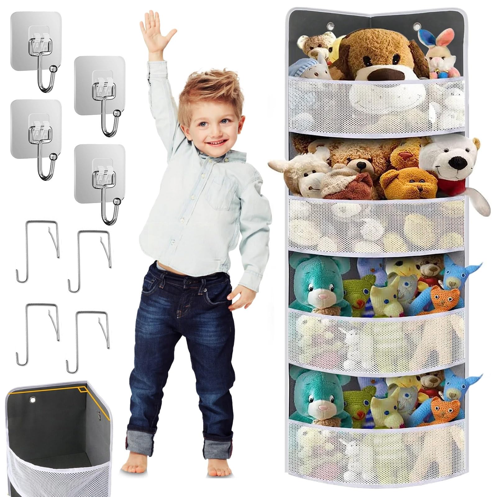 Over Door Toy Storage - Soft Corner Shelf, Stuffed Animal Organiser with 4 Expandable Mesh Pockets, Breathable Hanging Kid Plush Net Hammock Baby Toy Holder with 2 Types of Hooks, for Wardrobe,Nursery