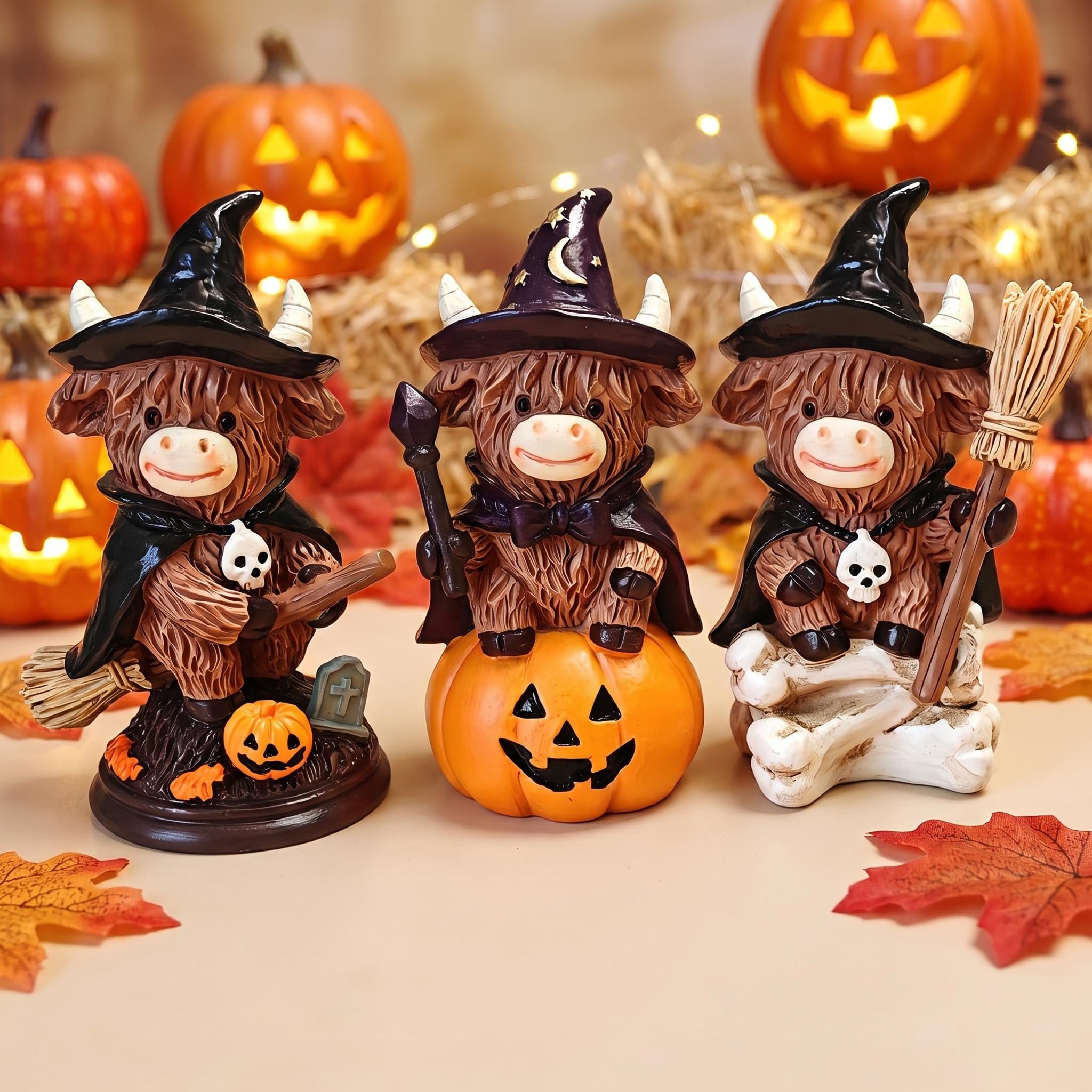 Halloween Highland Cows Ornaments, 3 Pack Halloween Pumpkin Bone Cow Statue