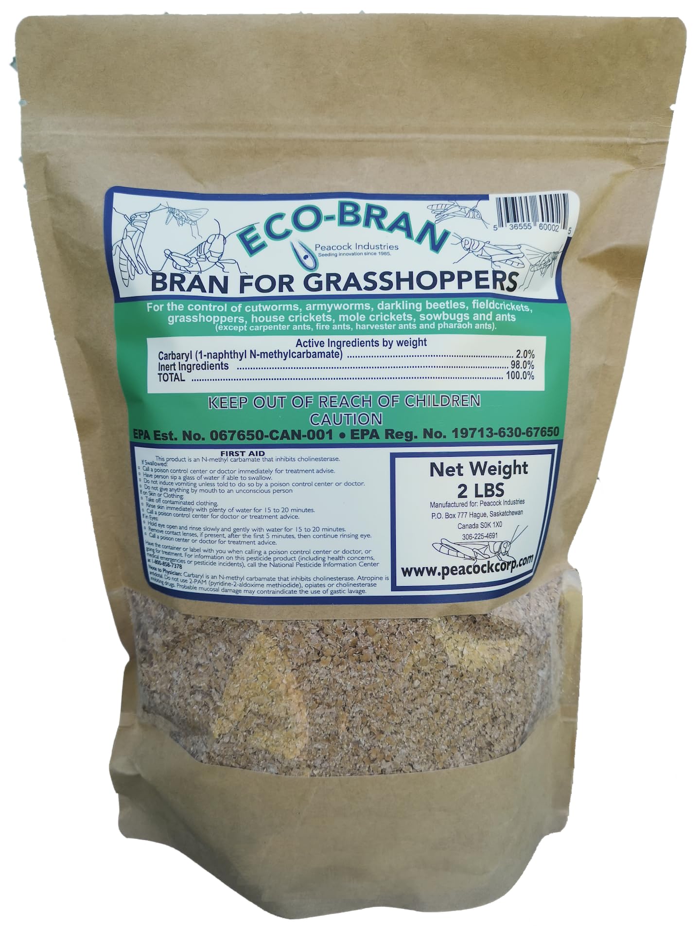Eco-Bran Broad Spectrum Grasshopper & Cricket Bait - Contains 2% Carbaryl - Control of Grasshoppers, Cutworm, Locust, Mole & Mormon Crickets, Sow Bugs (Roly-Poly), Ants, Beetles & More! (2 lbs)