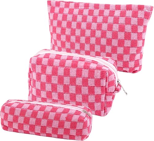 EIMMBD Bolsa de maquillaje de 3 piezas de gran capacidad a cuadros, bolsa de cosméticos de viaje, bolsa de aseo organizadora, bolsa de maquillaje,