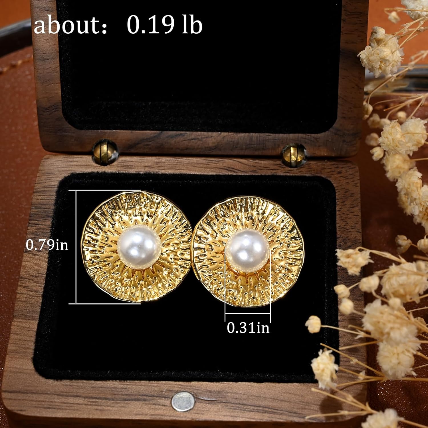 14K Gold Plated White Pearl Stud Hammered Circle Wedding Earrings for Bride and Bridesmaids Women - Image 6