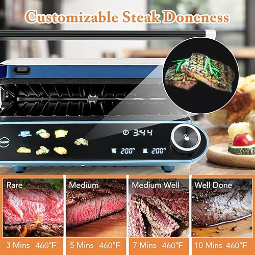 Miniatura 3 de COSTWAY Panini Press, sandwichera de 1200 W con panel táctil LED, placas revestidas antiadherentes y bandeja de goteo extraíble, 180 grados con 7