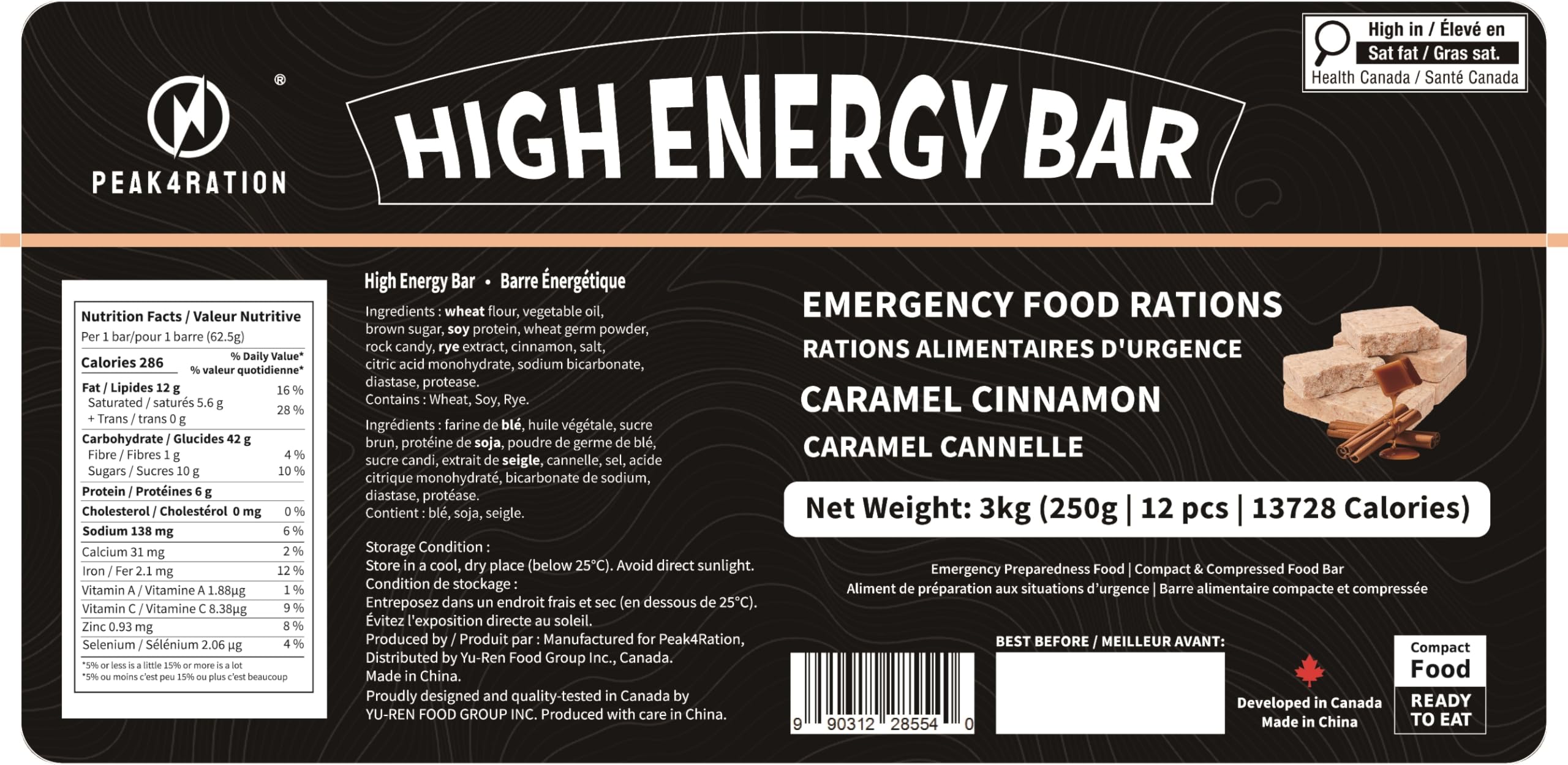 PEAK4RATION Barra de alta energía | Galletas de ración de emergencia - Canela caramelo, 3 kg (paquetes de 12 x 250 g) 13728 kcal | Galletas comprimidas de larga vida útil hasta 12 días de suministro