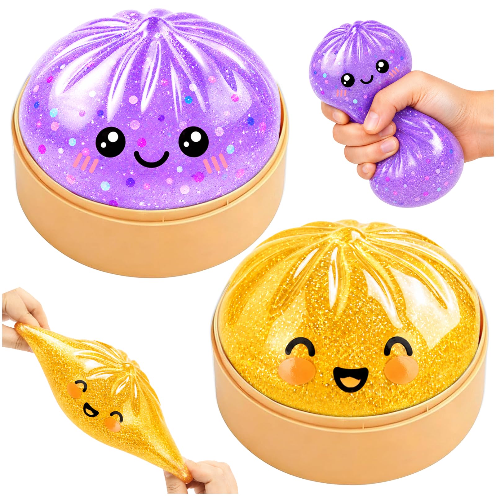 Glitter Dumpling Squishy con Cestelli per Vapore ,Mochi Squishy Antistress Con espressioni carine ,Squishys Toy Kawaii a Forma di Raviolo Squishys ,Squeeze Toy Sensoriale per Bambini e Adulti