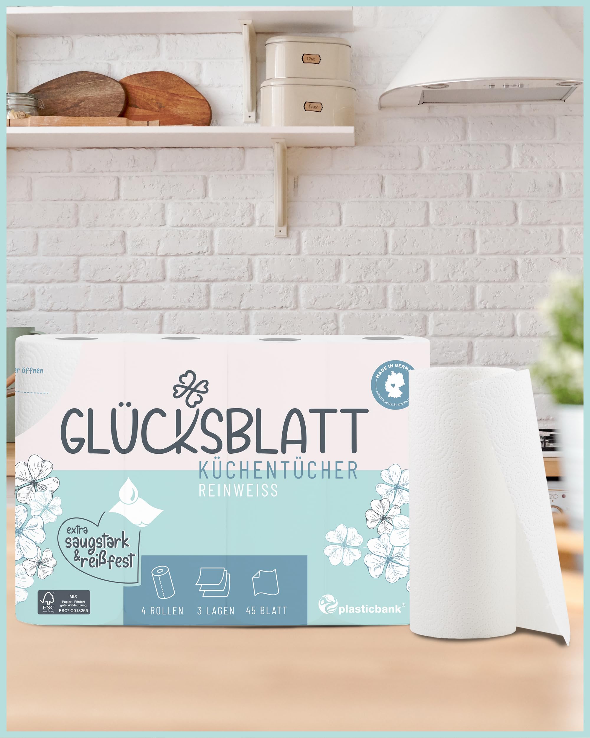 Glücksblatt Asciugamani da cucina, 48 rotoli da 45 fogli, rotoli da cucina a 3 strati, 100% polpa, sostenibili, rotoli assorbenti, asciugamani di carta, asciugamani di carta, carta da cucina