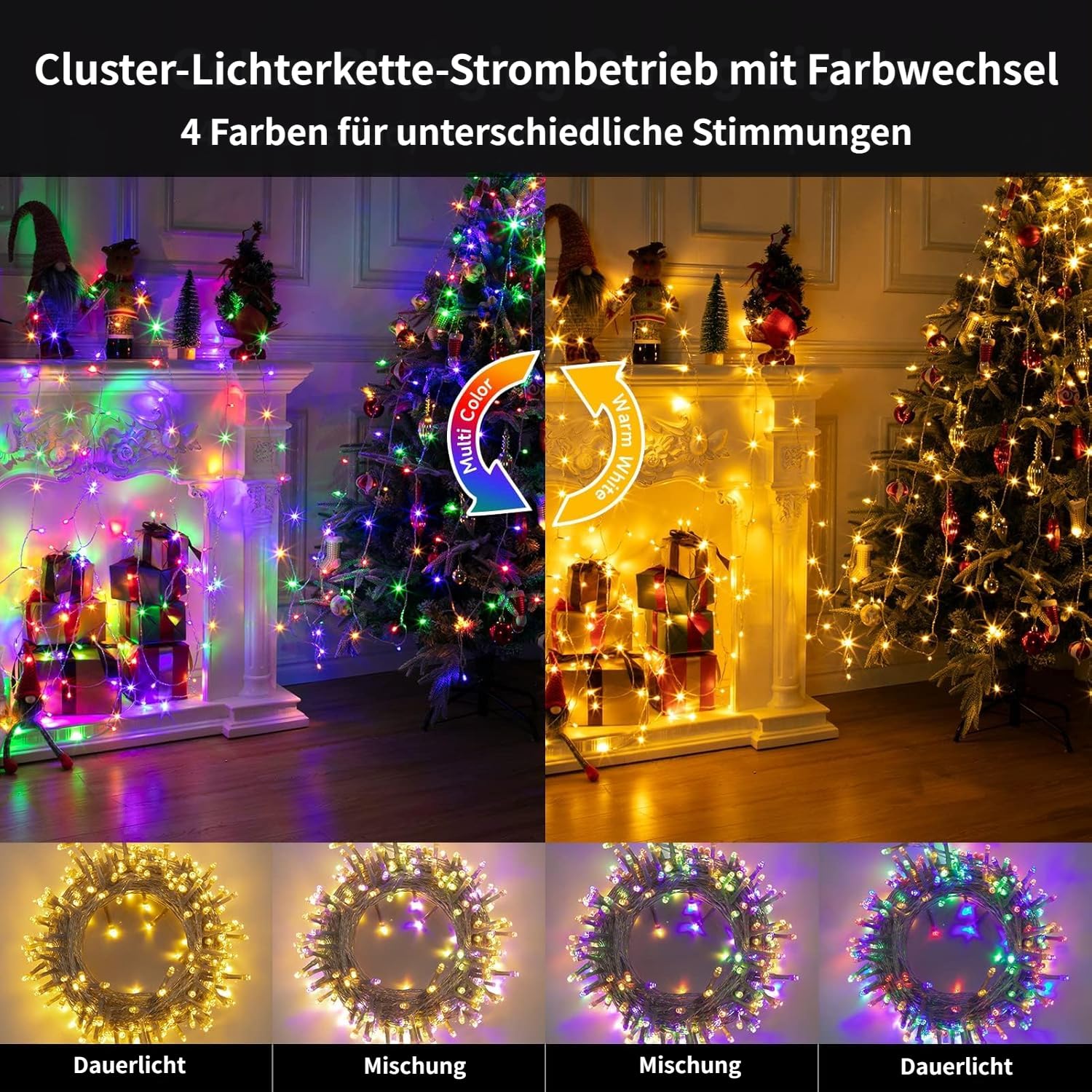 Gresonic łańcuch świetlny LED, 750 diod LED, 15 m, ciepła biel i klasycznie kolorowe, do użytku wewnątrz i na zewnątrz, 9 trybów, timer, zielone przewody, IP44 wodoodporny, dekoracja do ogrodu