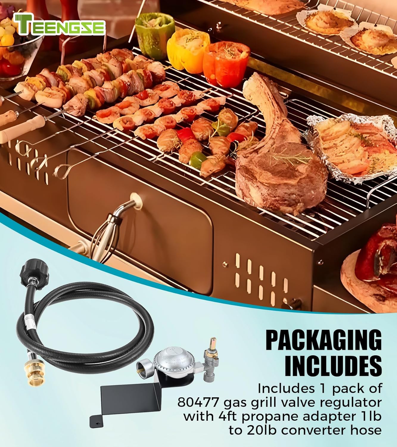 80477 Gas Grill Valve Regulator with 4FT Propane Hose, Compatible with Weber Q100, Q120, Q1000, Q1200 Series Fit for Models 386001, 386002, 516501, 516002, 1lb to 20lb Converter Hose