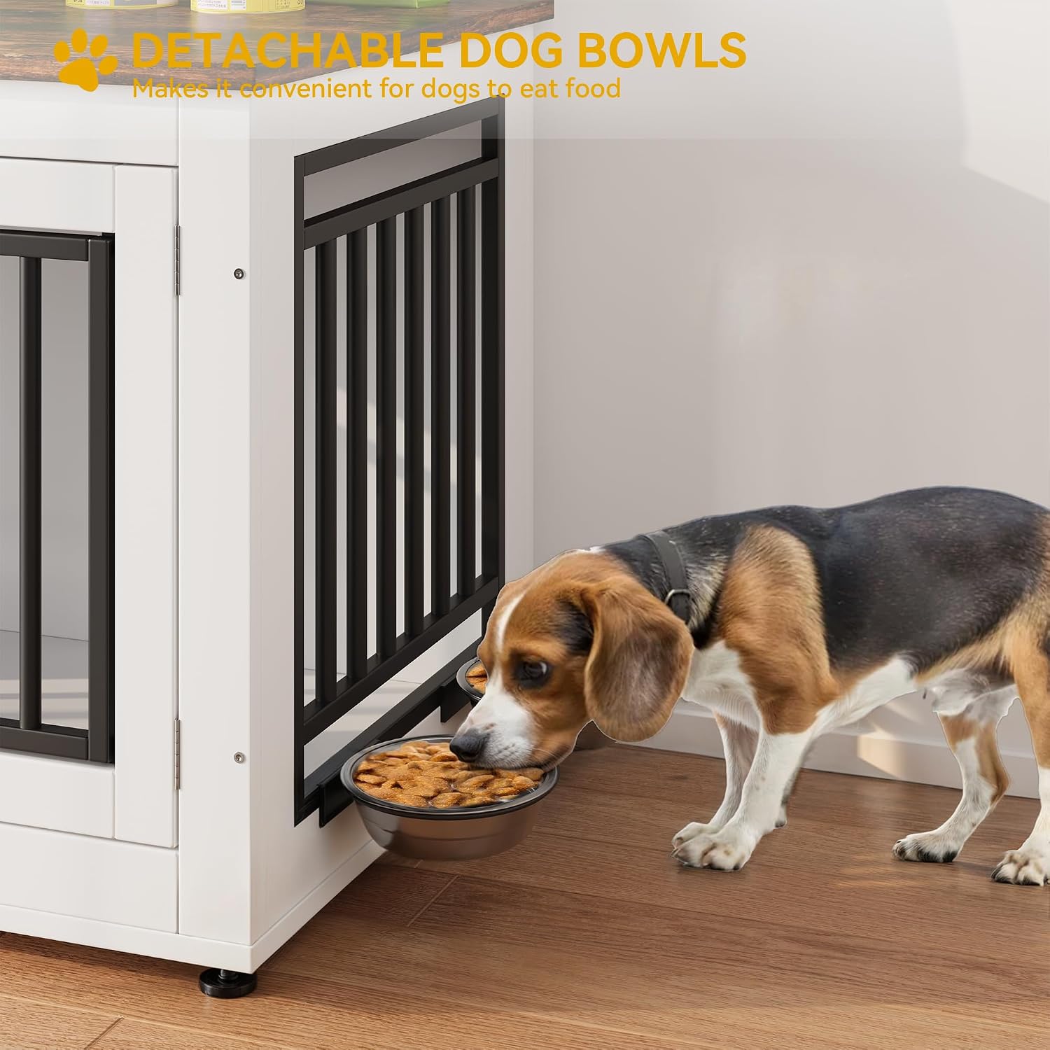 DWVO Dog Crate Furniture with Adjustable Feet & Removable Bowls, 35 Inch Dog Kennel Indoor Furniture End Table for Dogs, Modern Decorative Wooden Cage, Chew-Resistant, White
