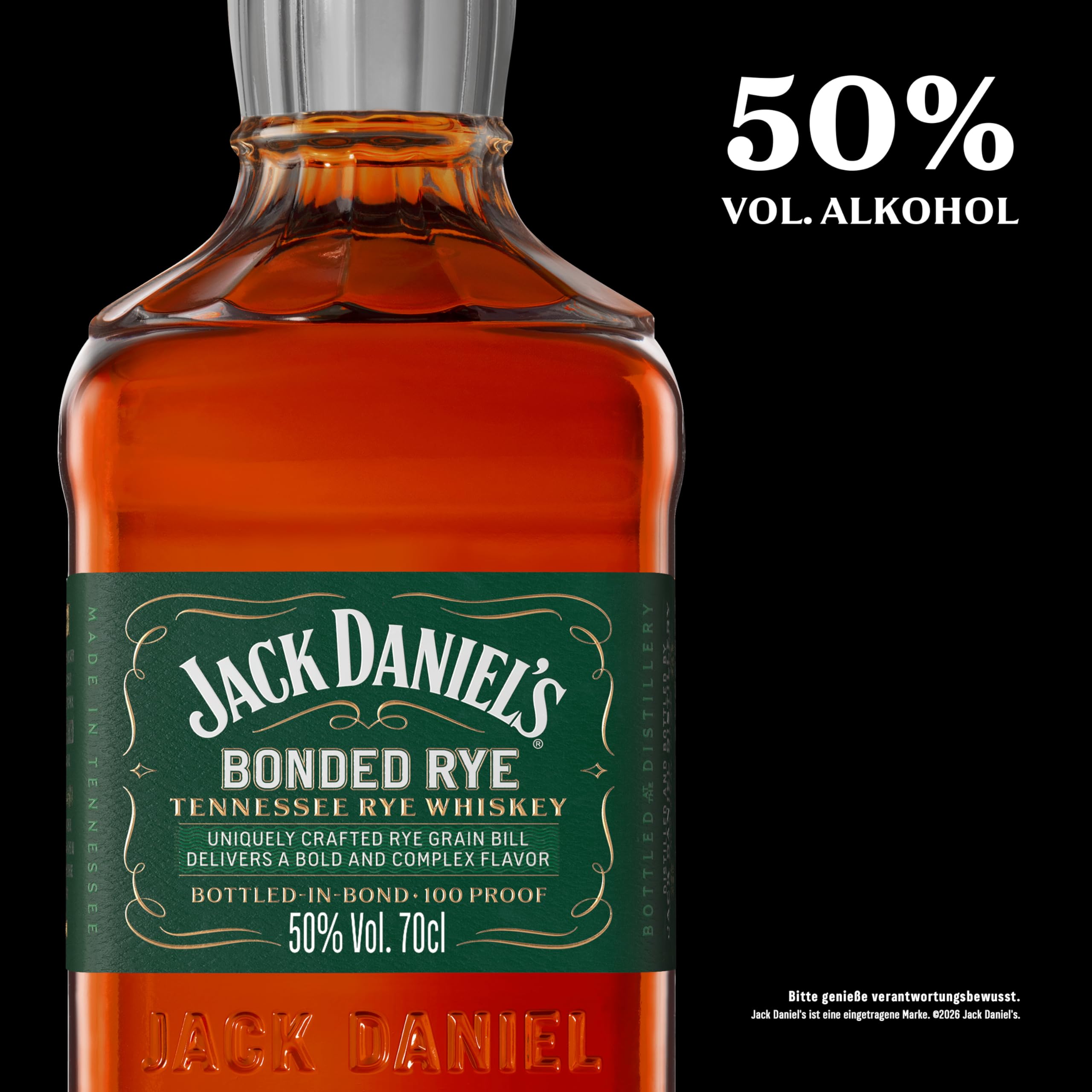 Jack Daniel's Bonded Rye Tennessee Whiskey – Whiskey Americano Premium, Gusto Intenso e Autentico, Sapore Fruttato, Invecchiato Tradizionalmente, 50% Vol., Bottiglia in Vetro da 70 cl