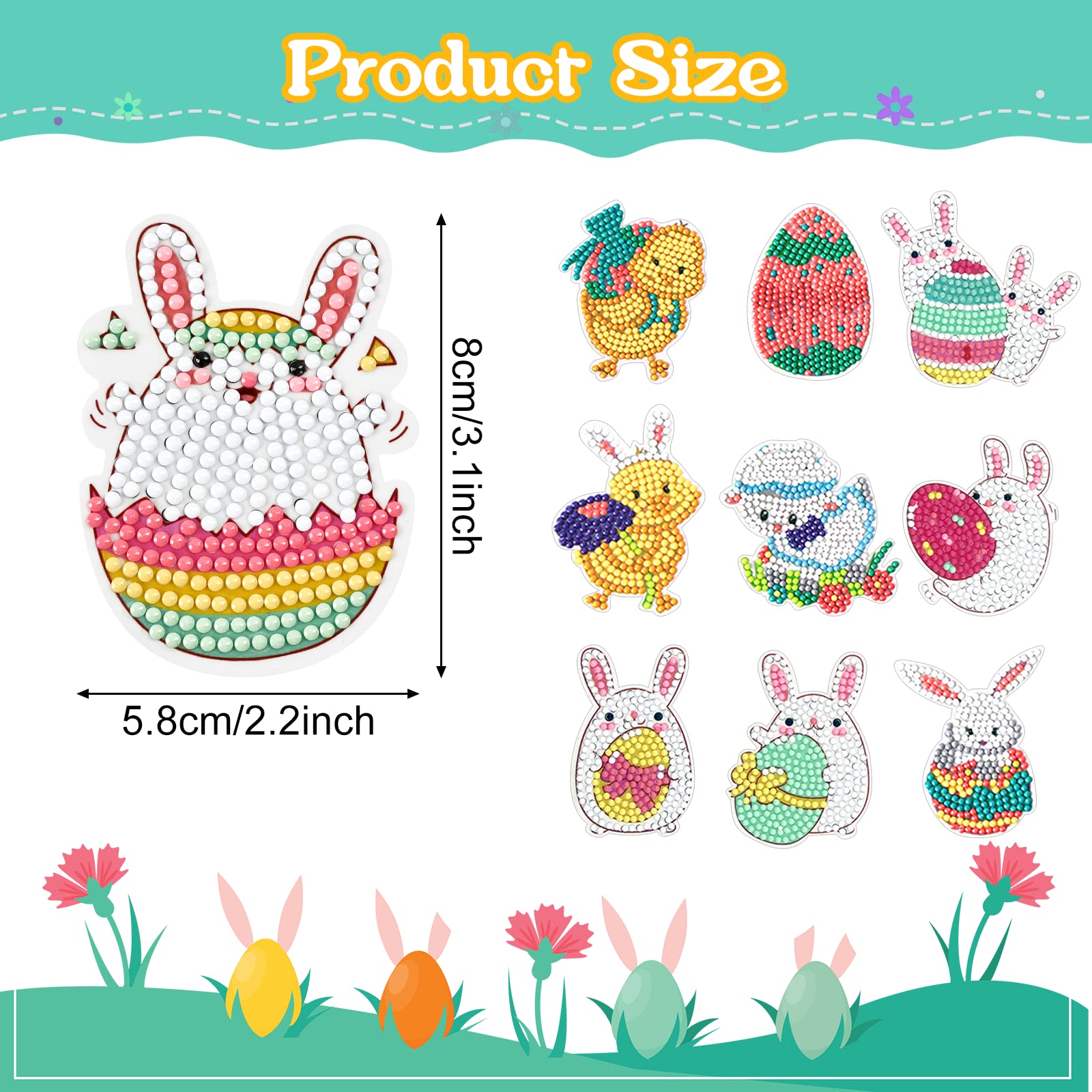 Wishstar Diamond Painting Bambini di Pasqua, Diamond Painting Kit Completo, 30PCS Pittura Diamante Adesivi Adesivo Pasqua Uova Coniglio, pittura diamante bambina