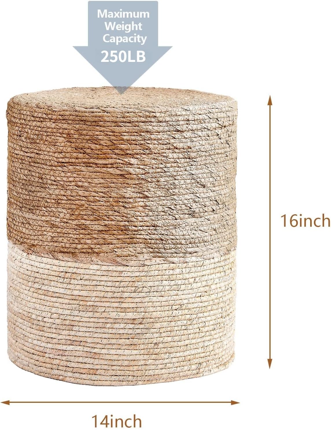 Handwoven Seagrass Pouf Ottoman, 13.78" x 15.75" Natural & Blue Round Footstool with Solid Wood Frame, Braided Jute Accent Seat for Living Room Boho Decor, 250 lbs Capacity