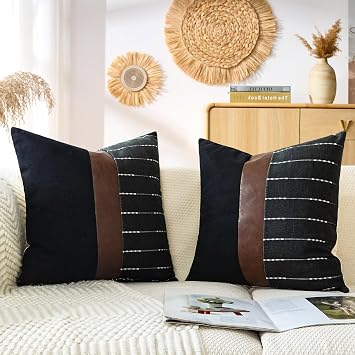 cygnus Decorative Pillow Covers 18x18,Black Linen and Striped Throw Pillow Covers with Dark Brown Faux Leather Accent,Boho Farmhouse Decor Square Cushion for Couch Sofa Livingroom,Black