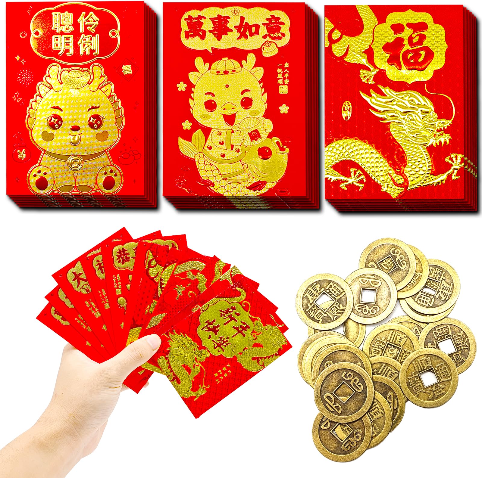 18Pcs Chinese Red Envelopes Lucky Money Envelopes 2024 Chinese New Year Dragon Year Envelope 20Pcs Feng Shui/Fortune Coins for Wealth Health Success Hong Bao Red Packet Spring Festival Party Supplies