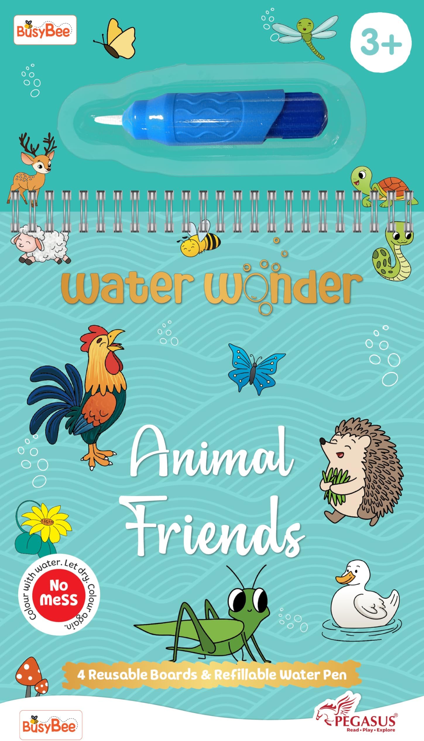 Reusable Magic Water Coloring Book For Kids, Educational Fun Time for Kids, Mess-Free Art with Quick Dry Technology (Animals Theme | 4 Reusable Coloring & Activity Boards | 1 Refillable Water Pen)