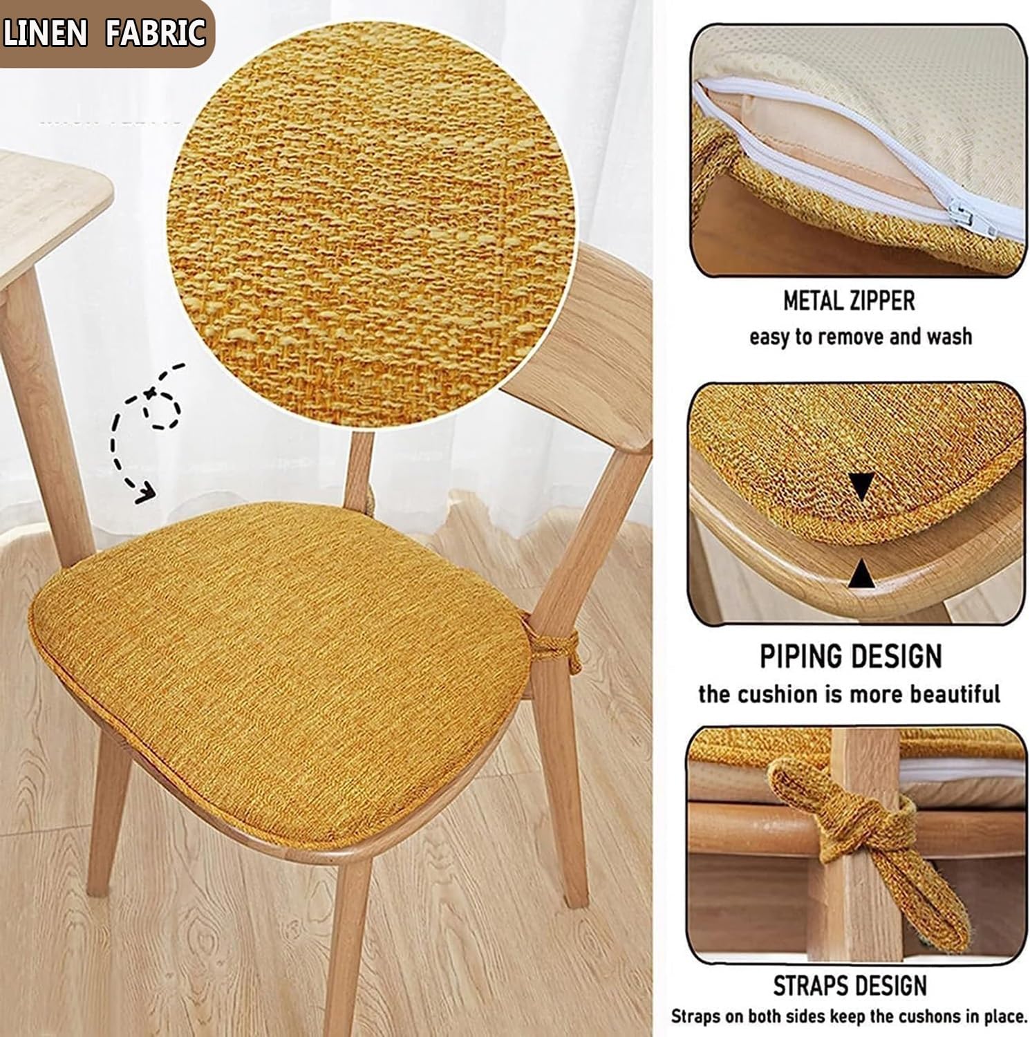 Lot De 4 Coussins De Chaise Trapèze - 43x41x35x3 Cm - Tissu Lin Lavable - Avec Rubans Et Antidérapant - Pour Cuisine, Salle à Manger, Bureau