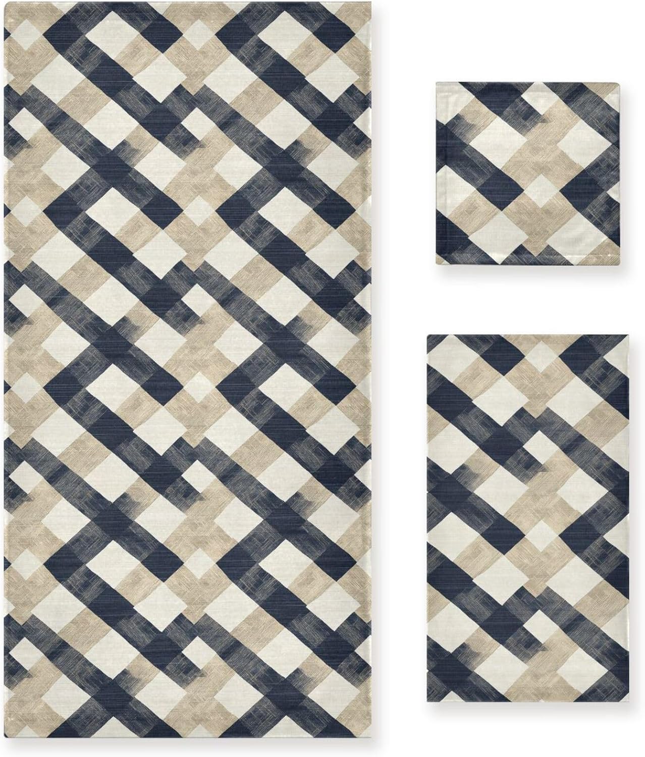 ALAZA Beige and Navy Blue Plaid Geometric Towel Bathroom Set, 3-Piece Towel Set, 1 Bath Towel, 1 Hand Towel, 1 Washcloth,Soft Absorbent Towel for Home Kitchen Gym Beach