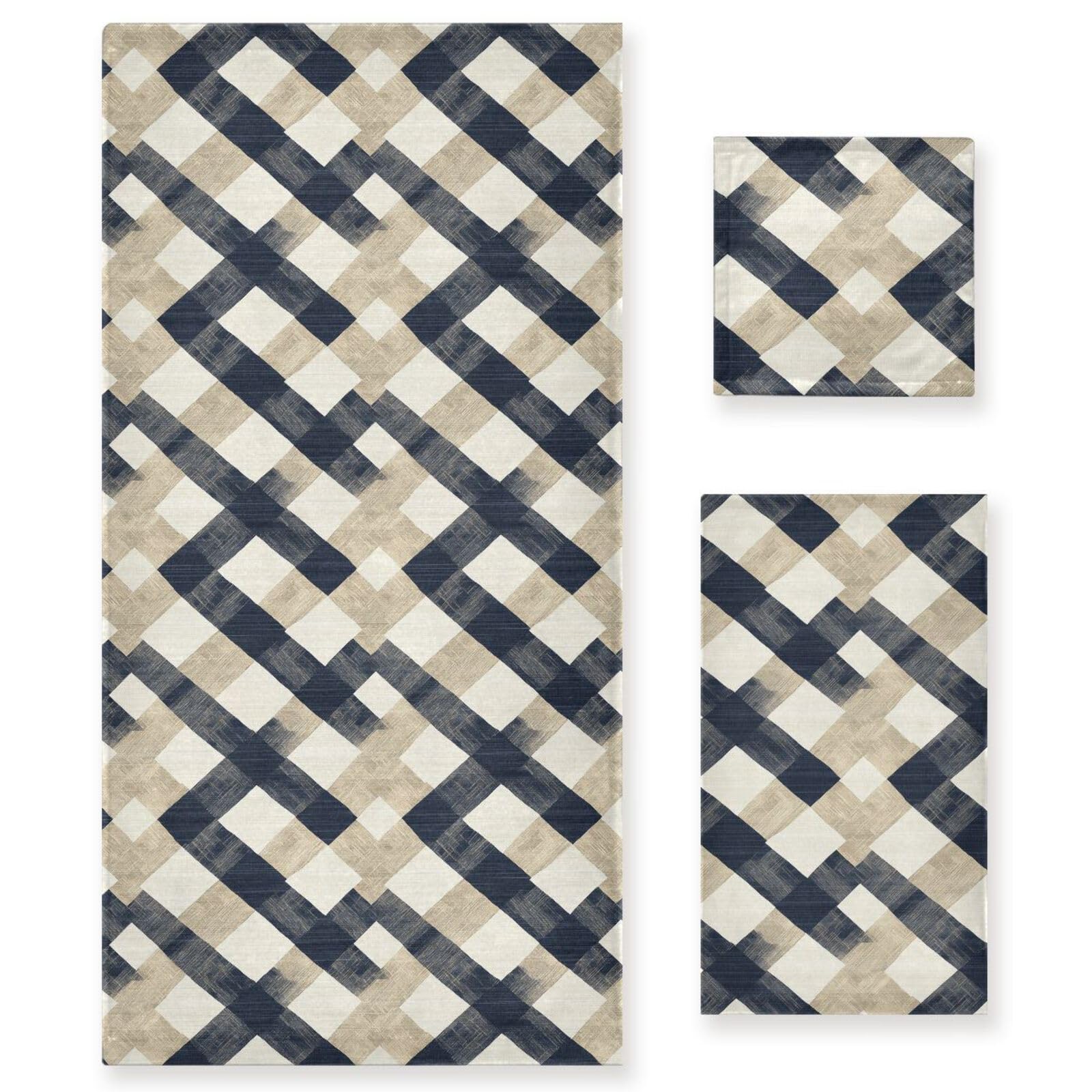 Serviettes de bain beige et bleu marine ALAZA : lot complet de 3 pièces douces