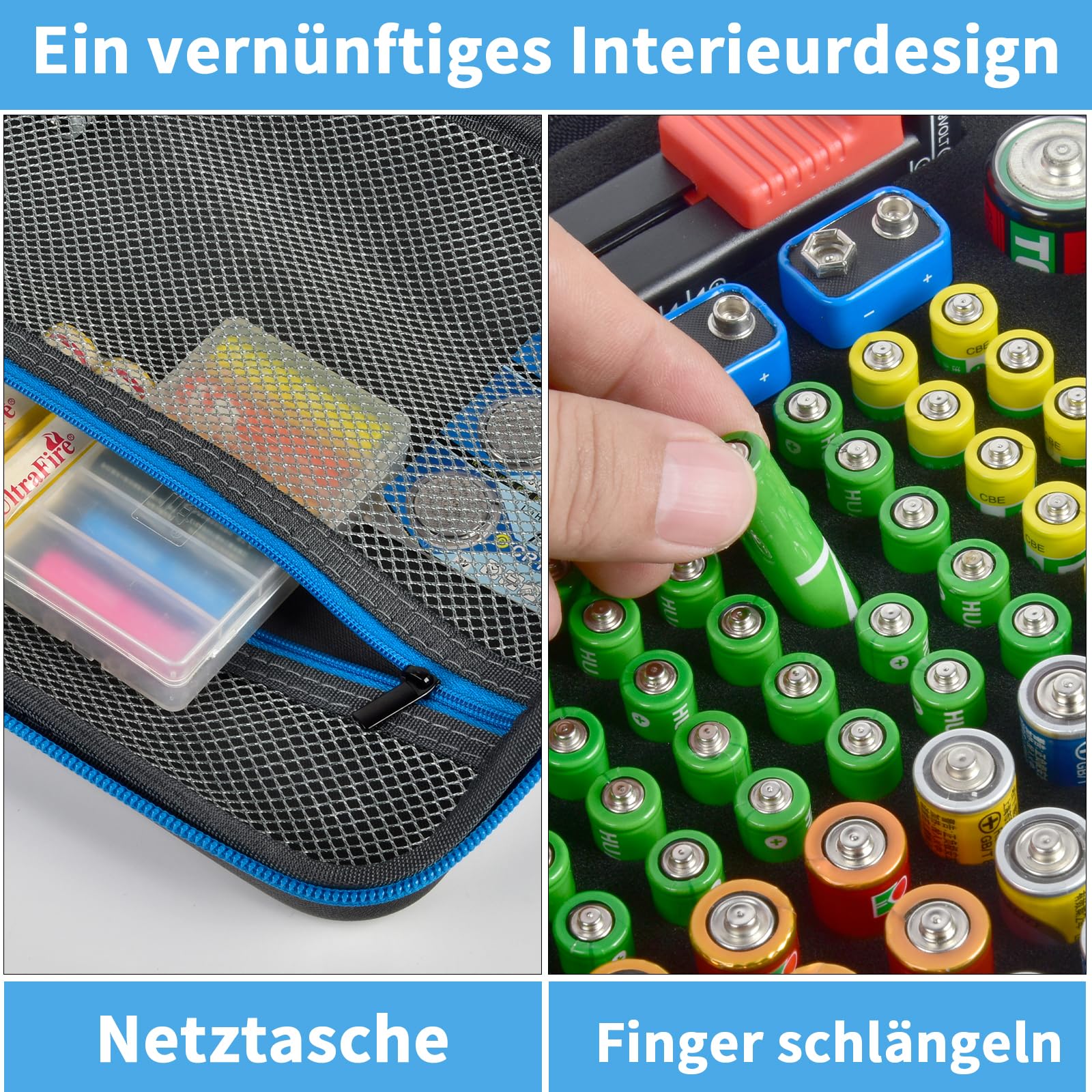 Batterie Aufbewahrungsbox Box, Batteriekasten Koffer mit Batterietester BT-168, Batterie Organizer Hält 136+ Batterien AA AAA C D Cell 9V 3V Lithium - Grau(Nur Fall)