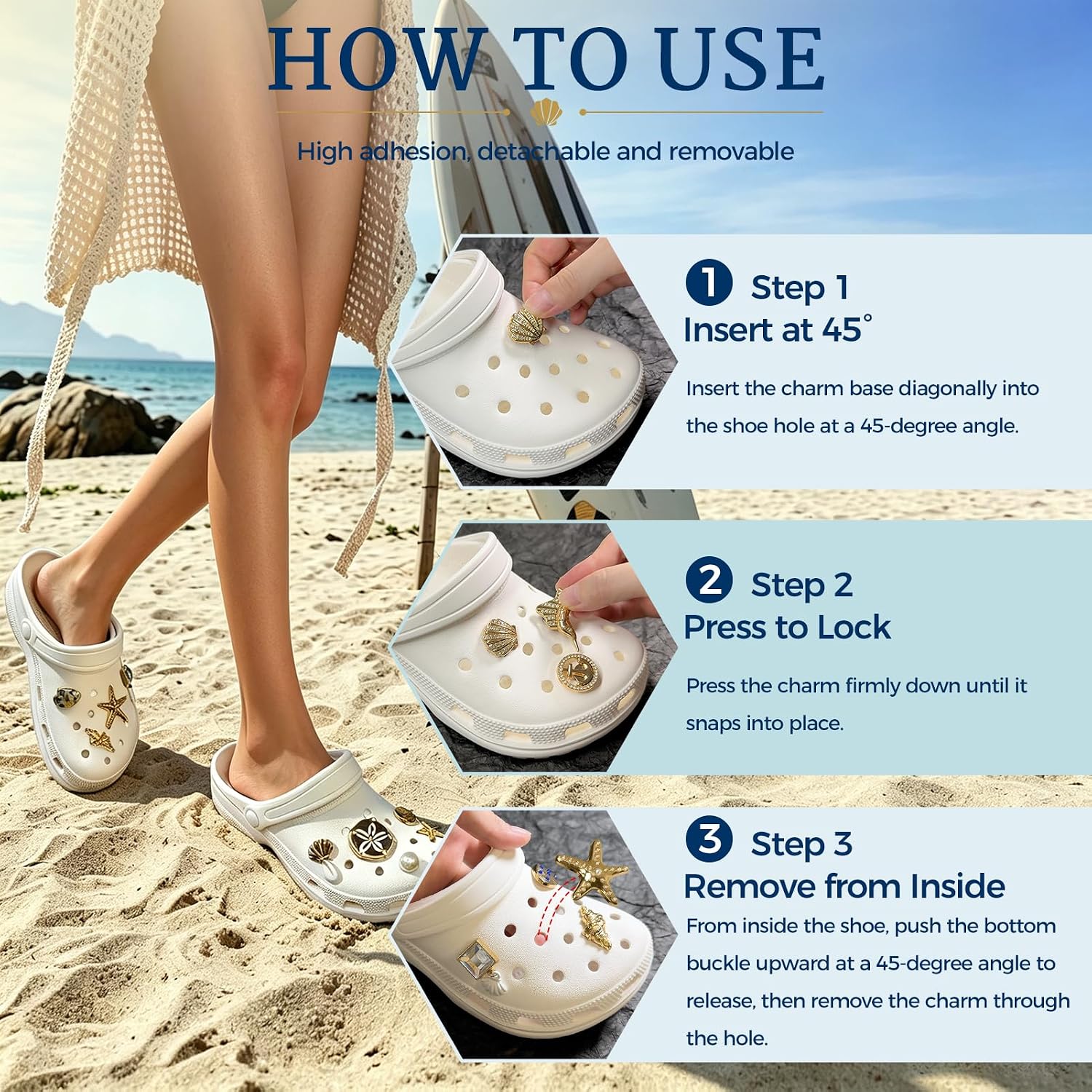Gold Shoe Charms for Clogs,Ocean Themed Sandal Accessories,Bling DIY Women