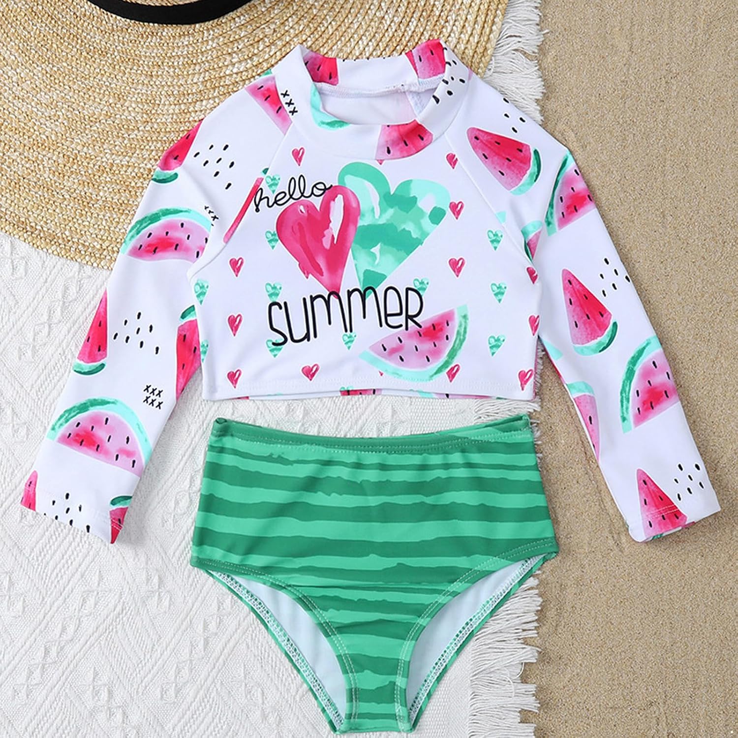 Kids Girls Rash Guard 2 Piece Swimsuit Set Long Sleeve Tankini Bathing Suit UPF 50+ UV Protection Watermelon 2-3 Years