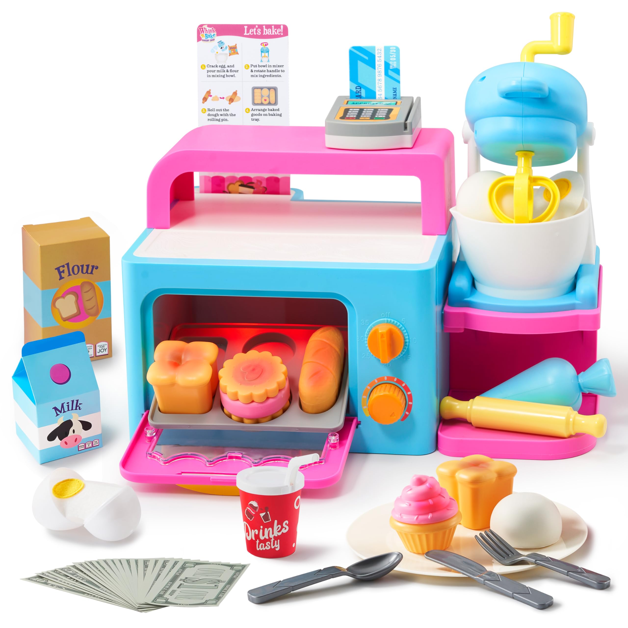 lalalark Bakery Shop Pretend and Play Toddler Toy with Light & Sound Oven, Realistic Mixer, Color Changing Cookies, 20 Pieces Play Kitchen Food Accessories, Girls Toy Birthday Gift for Boys Kids