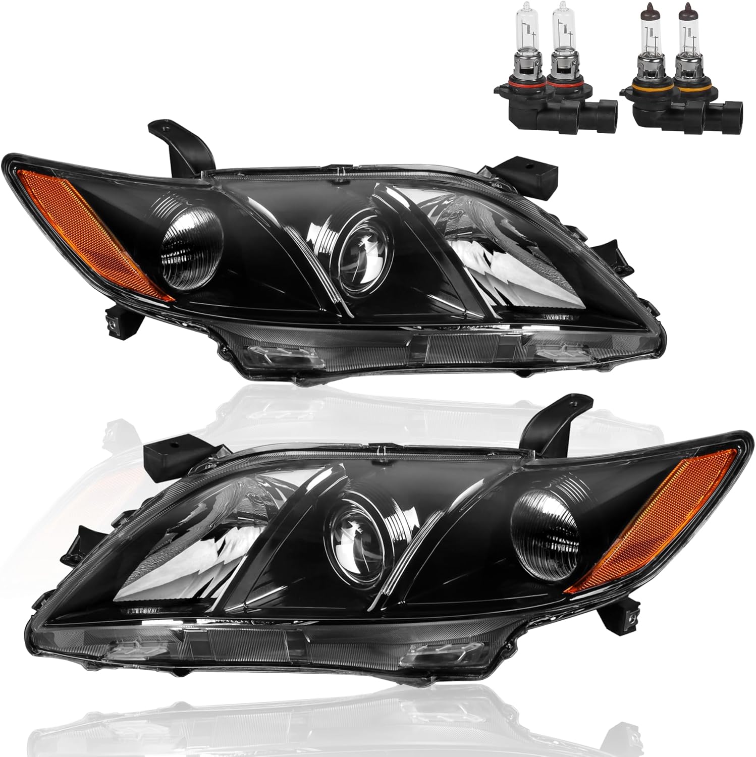 Headlights Assembly Replacement Compatible with 2007 2008 2009 Toyota Camry Halogen with Clear Lens Black Housing Amber Reflector Front Lamps Driver and Passenger Side 8113006201