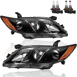 KUIPERAUTO Headlights Assembly Replacement Compatible with 2007 2008 2009 Toyota Camry Halogen with Clear Lens Black Housing Amber Reflector Front Lamps Driver and Passenger Side 8113006201