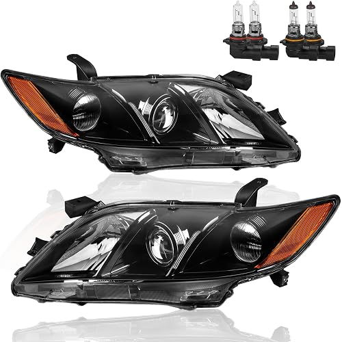 KUIPERAUTO Headlights Assembly Replacement Compatible with 2007 2008 2009 Toyota Camry Halogen with Clear Lens Black Housing Amber Reflector Front Lamps Driver and Passenger Side 8113006201