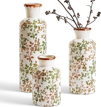 LE TAUCI Ceramic Vase Set of 3, Vintage Botanical Flower Vases for Fresh or Dried Flowers, Cottagecore Home Decor for Coffee Table, Mantel, Shelf, Entryway, Vine Green