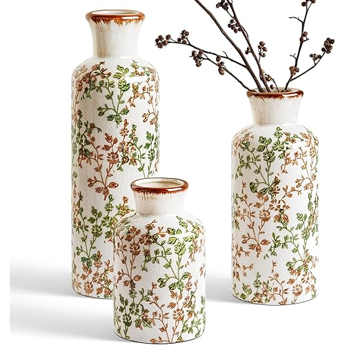 LE TAUCI Ceramic Vase Set of 3, Vintage Botanical Flower Vases for Fresh or Dried Flowers, Cottagecore Home Decor for Coffee Table, Mantel, Shelf, Entryway, Vine Green