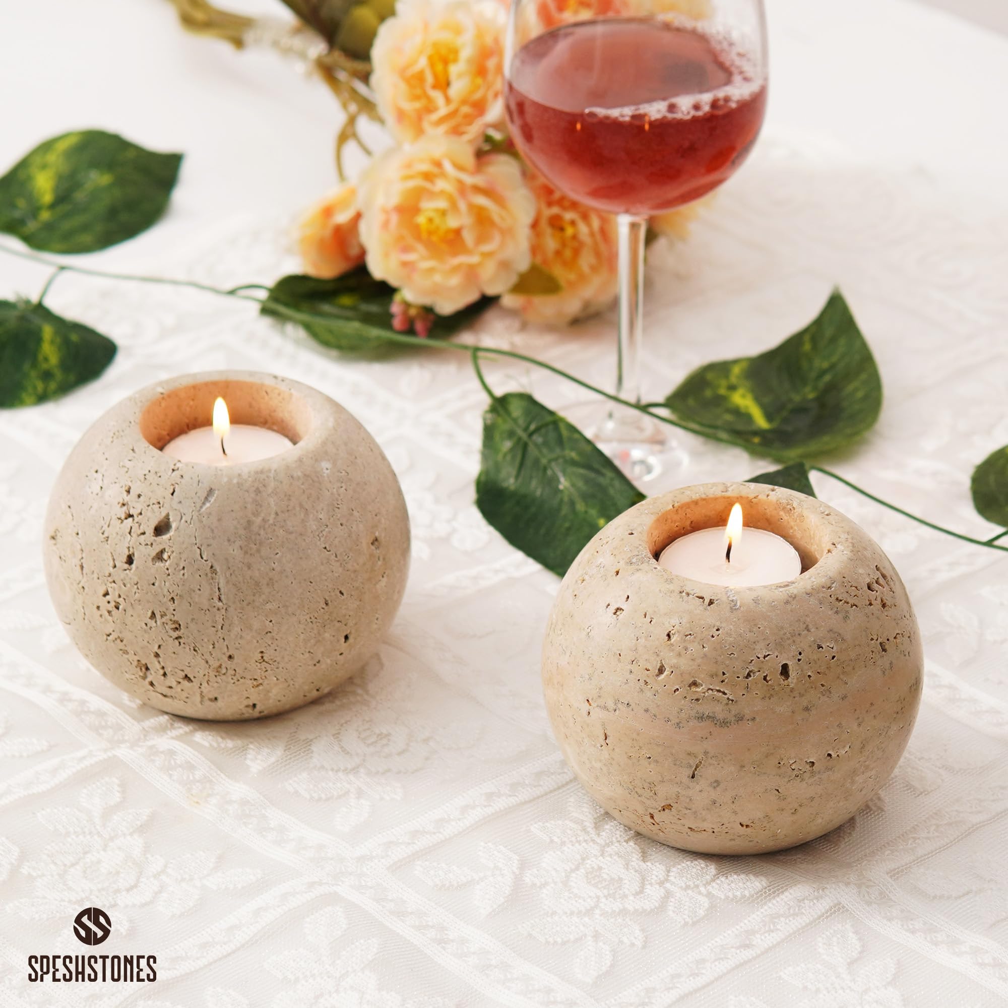 SPESHSTONES Portacandele in marmo in travertino da 10 cm, per regali, lumini da tè, candele, set di 2 per compleanni, matrimoni, tavoli da pranzo, centrotavola e decorazioni per San Valentino