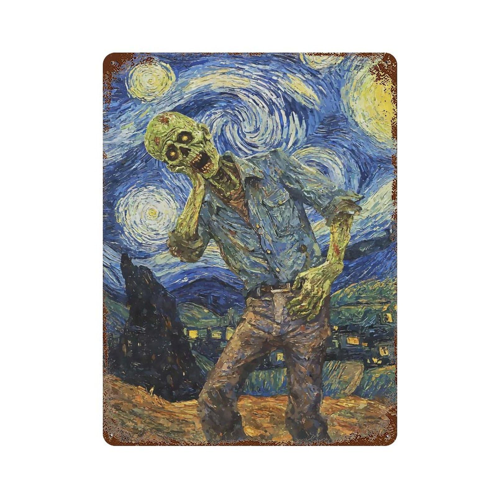 Zombie Starry Night Vintage Wall Sign 15.7"x11.8", Rust Effect Metal Decor for Cafe, Home Bar And Lounge Decor