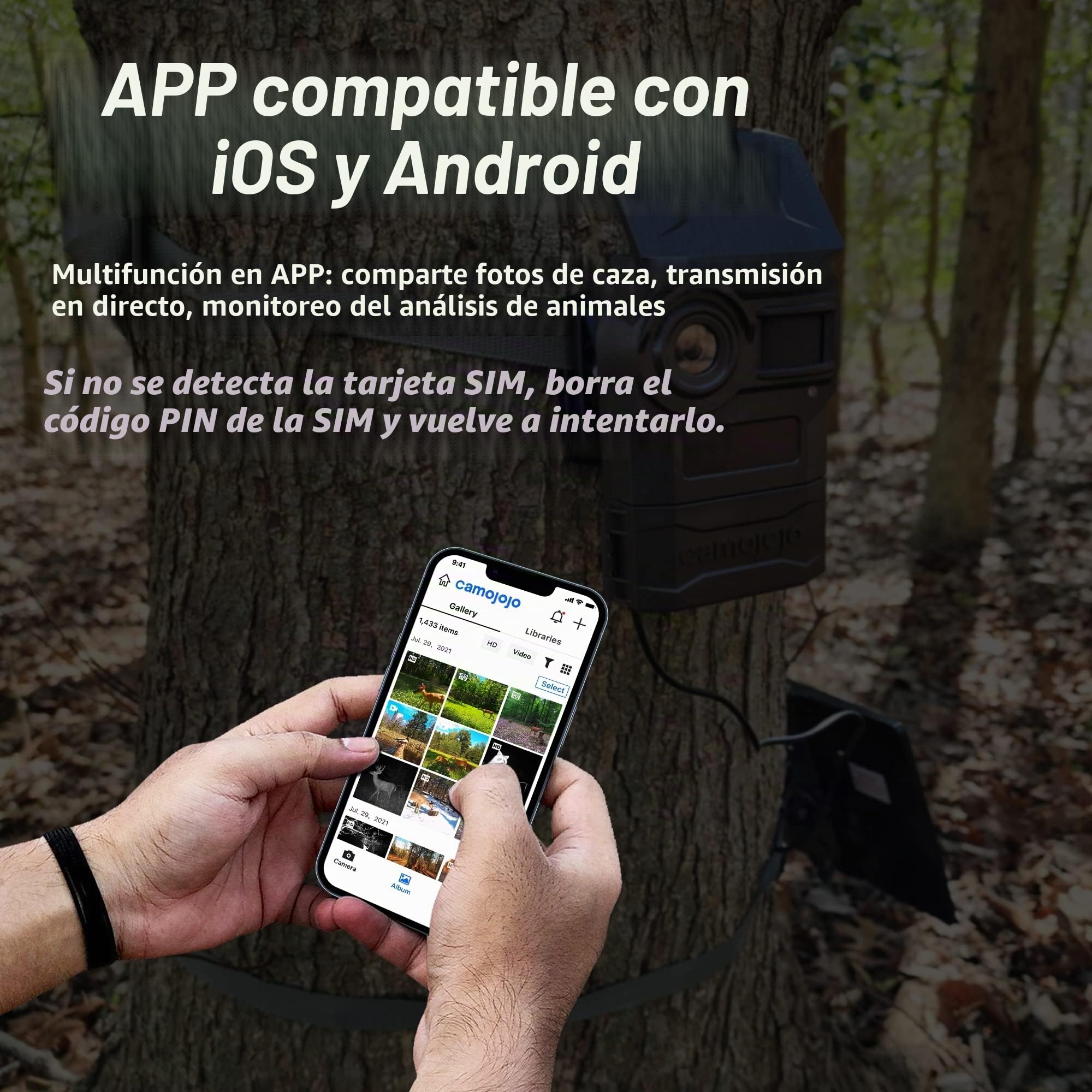 Camojojo Trace - Cámara de caza con SIM 4G LTE, cámara de caza con IP66 impermeable, tarjeta SD de 32 GB, aplicación multifunción, tiempo de funcionamiento más largo