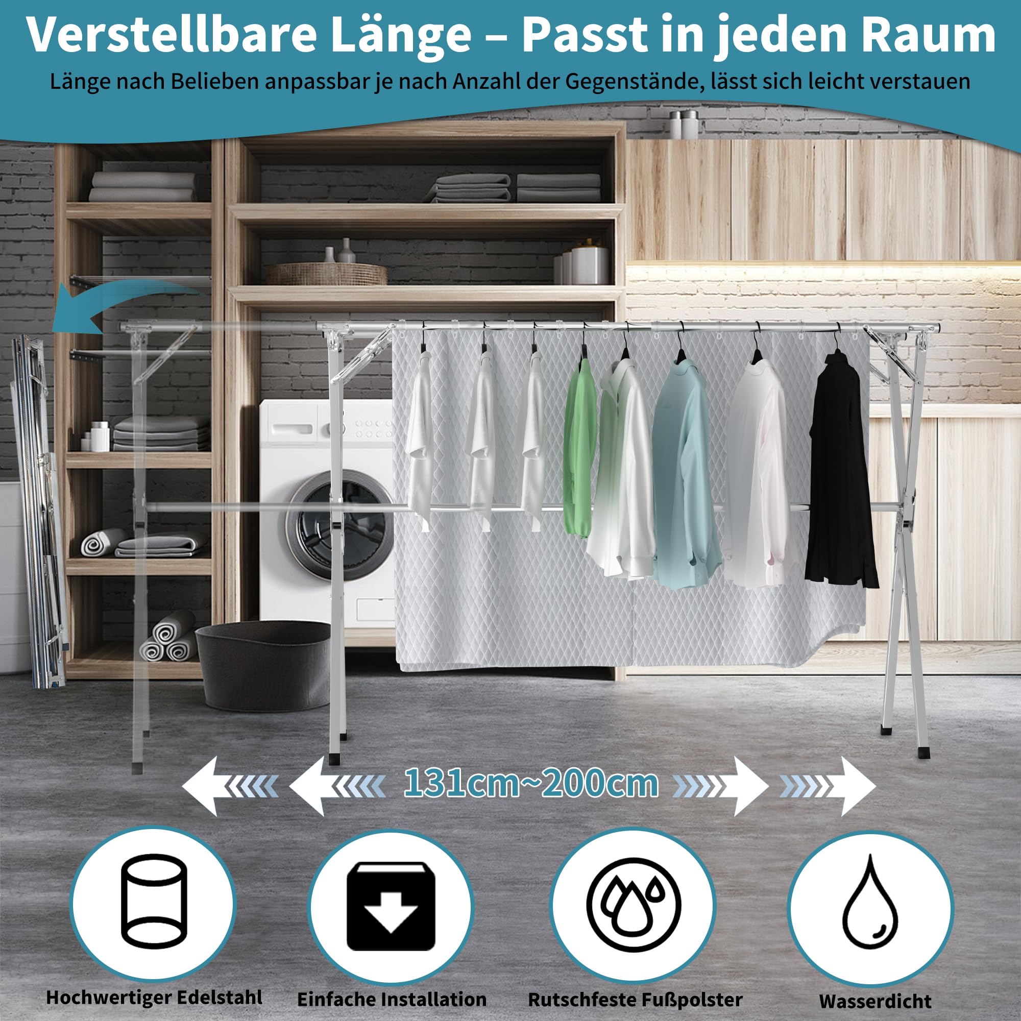OUUTMEE Ausziehbarer Wäscheständer 130-200 cm Edelstahl mit 20 Haken