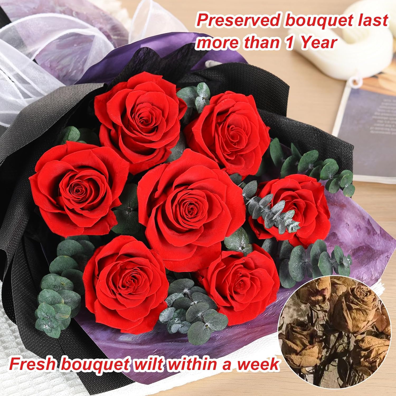 Preserved Flowers Bouquets 7 Roses, Long-Lasting Flower with Gift Box, Real Forever Flower Gifts for Delivery Women Wife Mom Friend on Anniversary Birthday Wedding (Red Roses) - Image 3