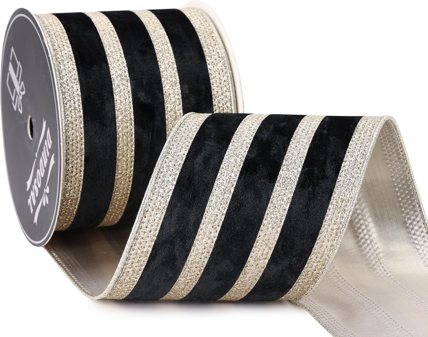 Black Velvet Wired Ribbon with Champagne Glitter Stripe 4 Inch Extra Wide Crushed Velvet Christmas Ribbon, 10 Yards for Gift Wrapping, Crafts, Tree Decorations, Wreath Supplies, Garlands