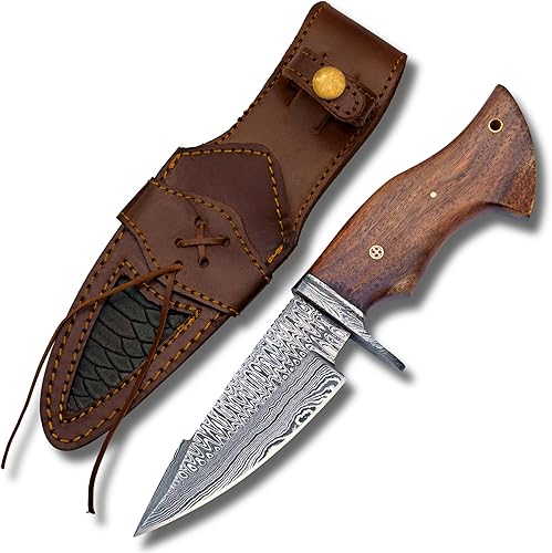 Cuchillo de caza de Damasco hecho a mano con vaina. Cuchillo de hoja fija de 10 pulgadas con mango de palisandro utilizado para caza, desollado,