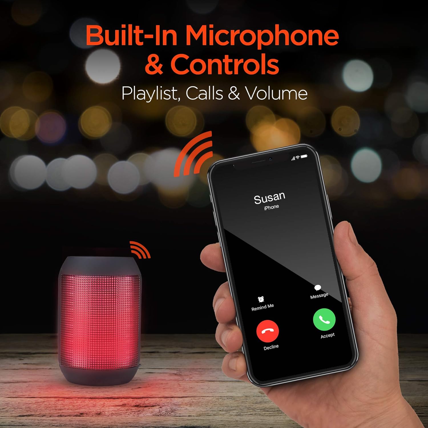 HyperGear RaveMini speaker next to a smartphone showing an incoming call