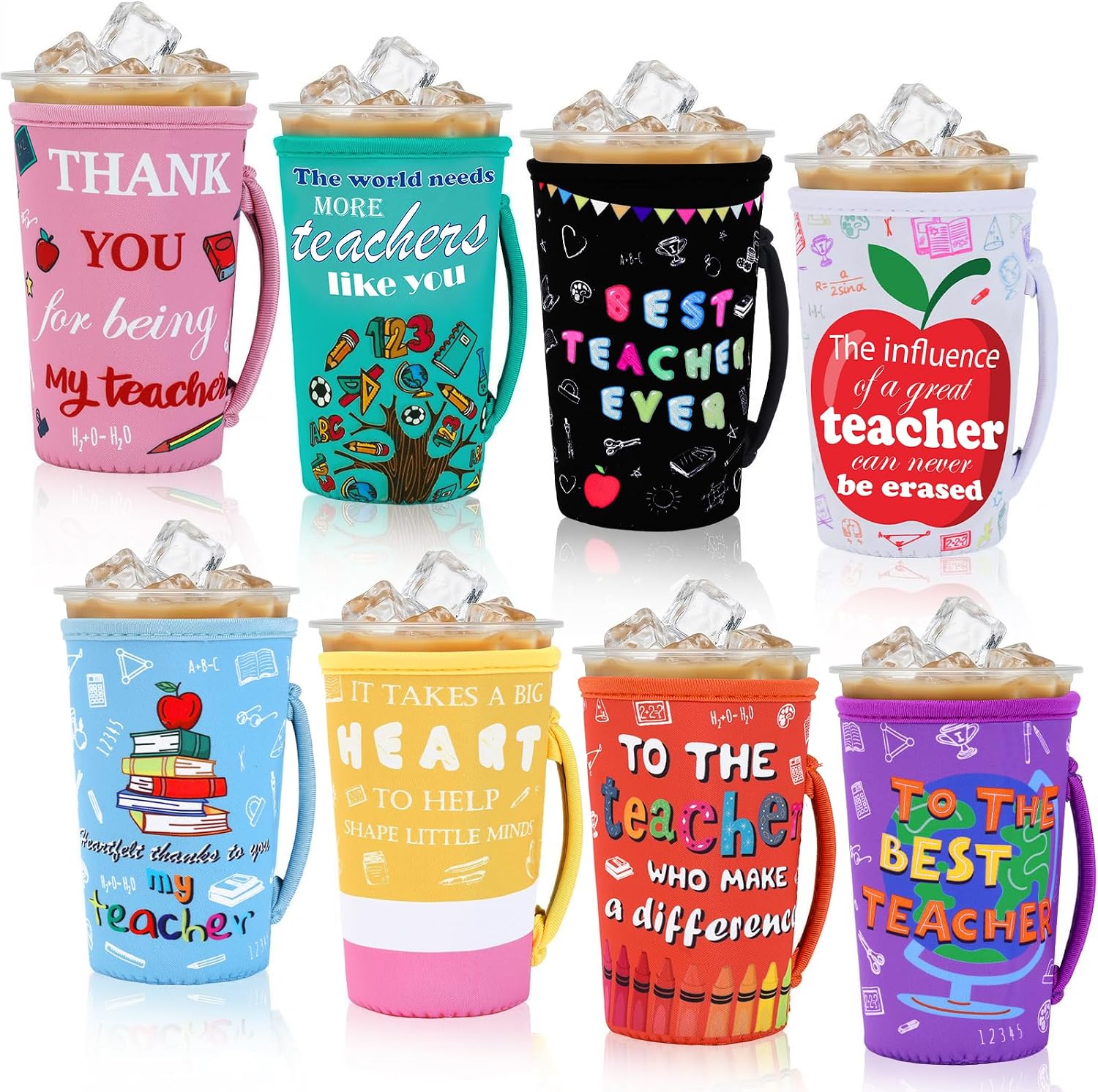 8 Pcs Teacher Appreciation Gift Reusable Insulated Neoprene Iced Coffee Cup Sleeves, Coffee Sleeve for Iced & Hot Drinks Cold, Teacher Treasure
