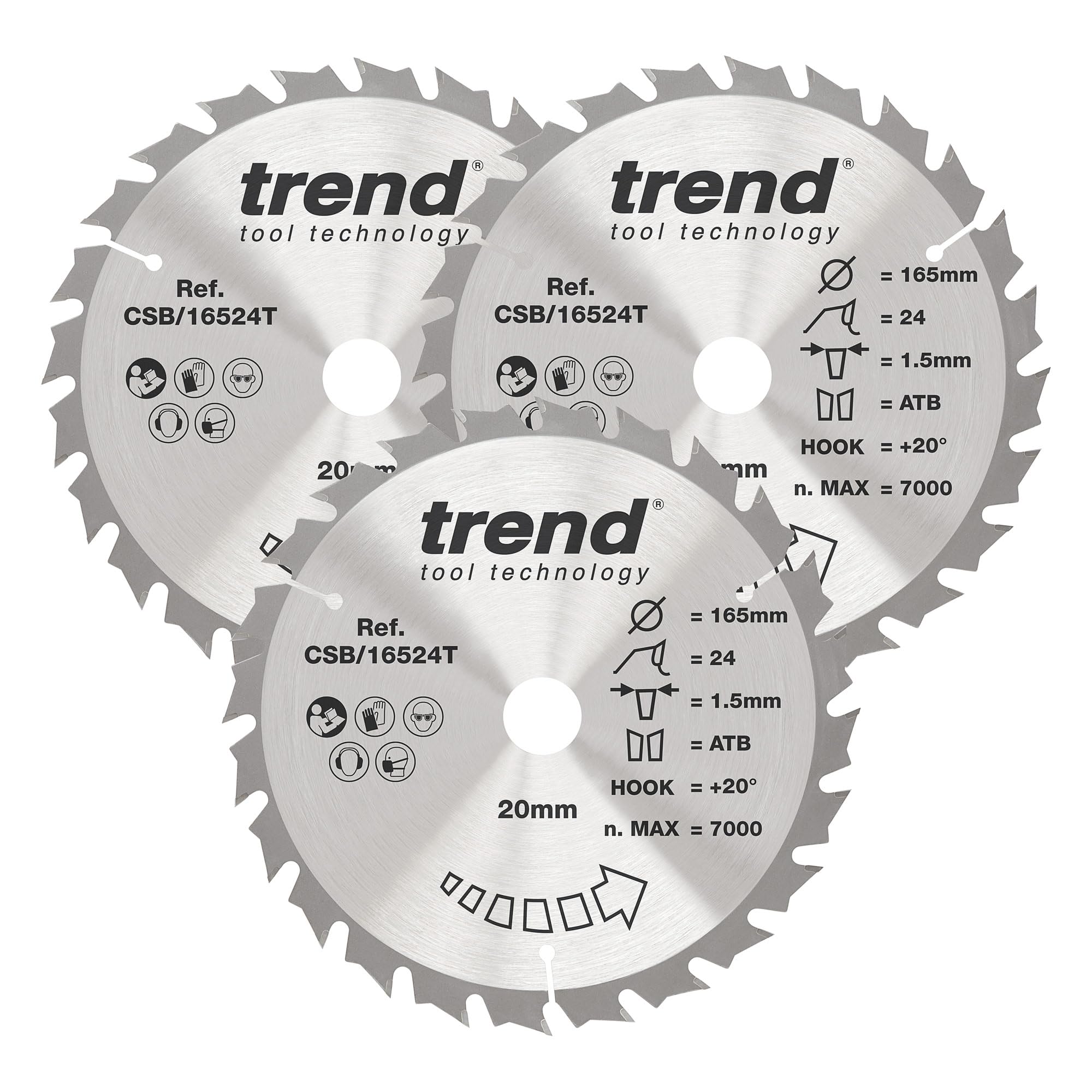 Trend Wood Cordless Circular Saw Blade, 165mm Diameter, 20mm Bore, 24 Teeth, 1.5mm Kerf, 20° Hook, TCT, Medium Finish, 3 Pack, CSB/165/3PK/D