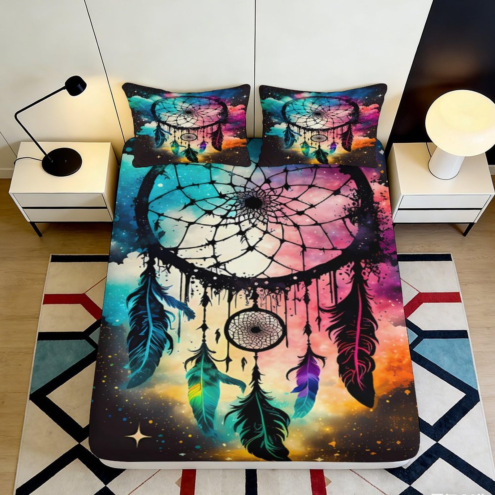 3D Printed Dreamcatcher Fitted Sheet Microfiber Soft Breathable Galaxy Bed Cover for Bedroom Dormitory Guest Room Mattress Protection Decor 180x200x25cm