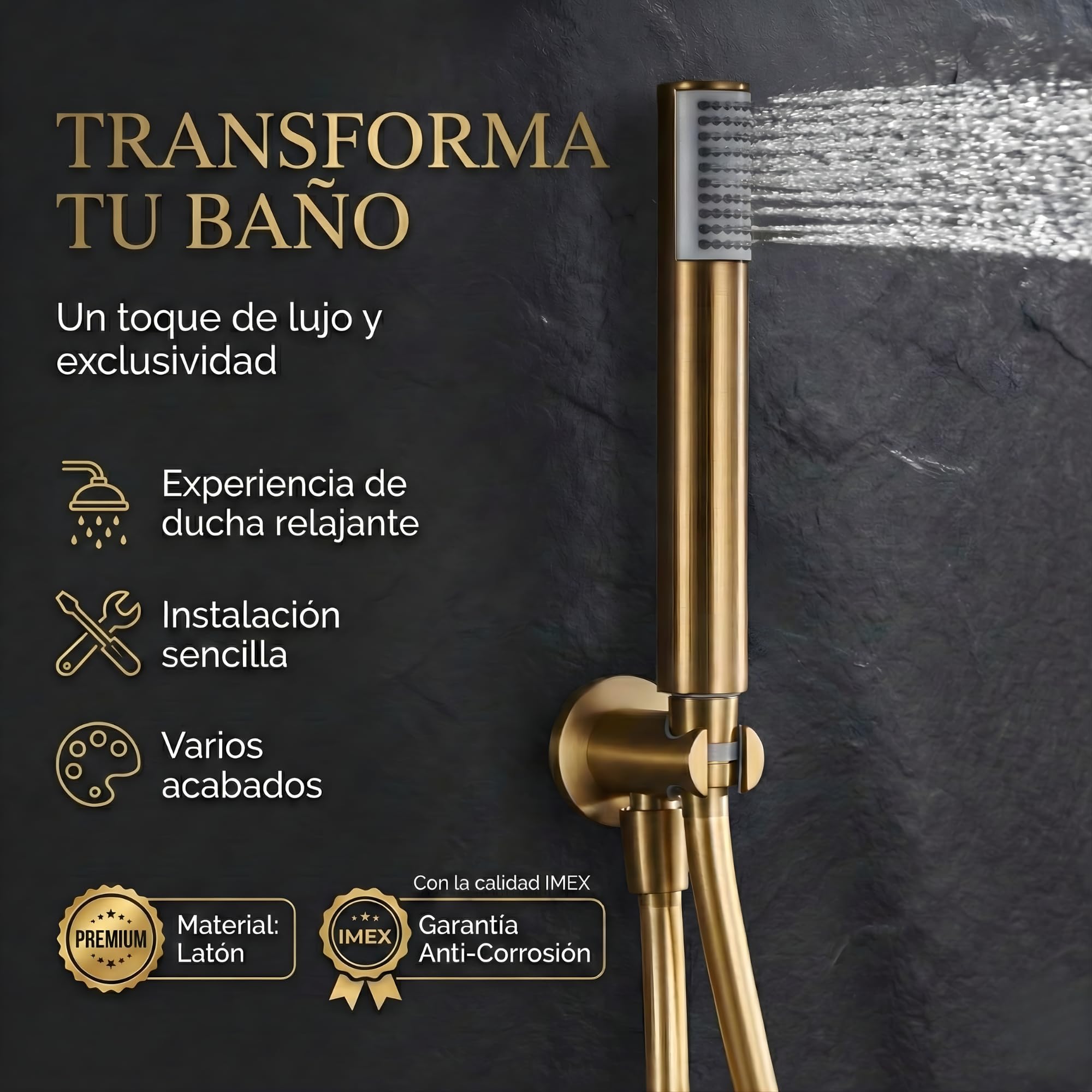 IMEX - Ducha Empotrada Monomando Dorada | Conjunto de Grifería Empotrado con Alcachofa y Rociador Antical Efecto Lluvia | Columna Ducha Empotrada con Grifo en Latón y Acero Inox S.304 | Serie Génova