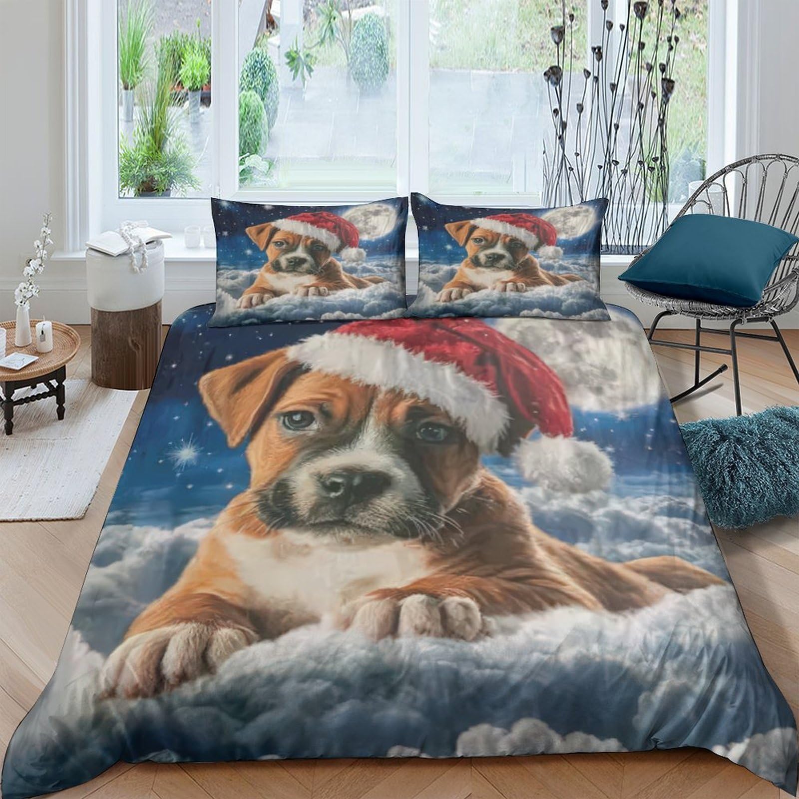 Ctjqhvkz Style-3 3D Printed Christmas Puppy Fitted Sheet Microfiber Soft Anti-Slip Santa Hat Bed Cover For Bedroom Guest Room Decor Single（135X200cm）