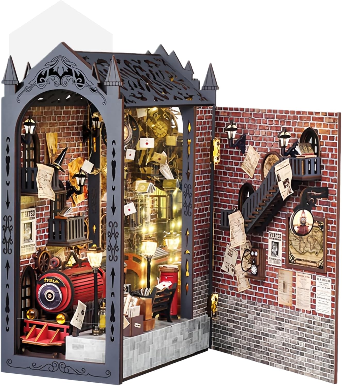 KingStora Fantasy Train Platform Book Nook DIY Craft Kit – Victorian Steampunk Miniature Diorama for Adults, Handmade Model Art Craft Kit for Bookshelf Decoration