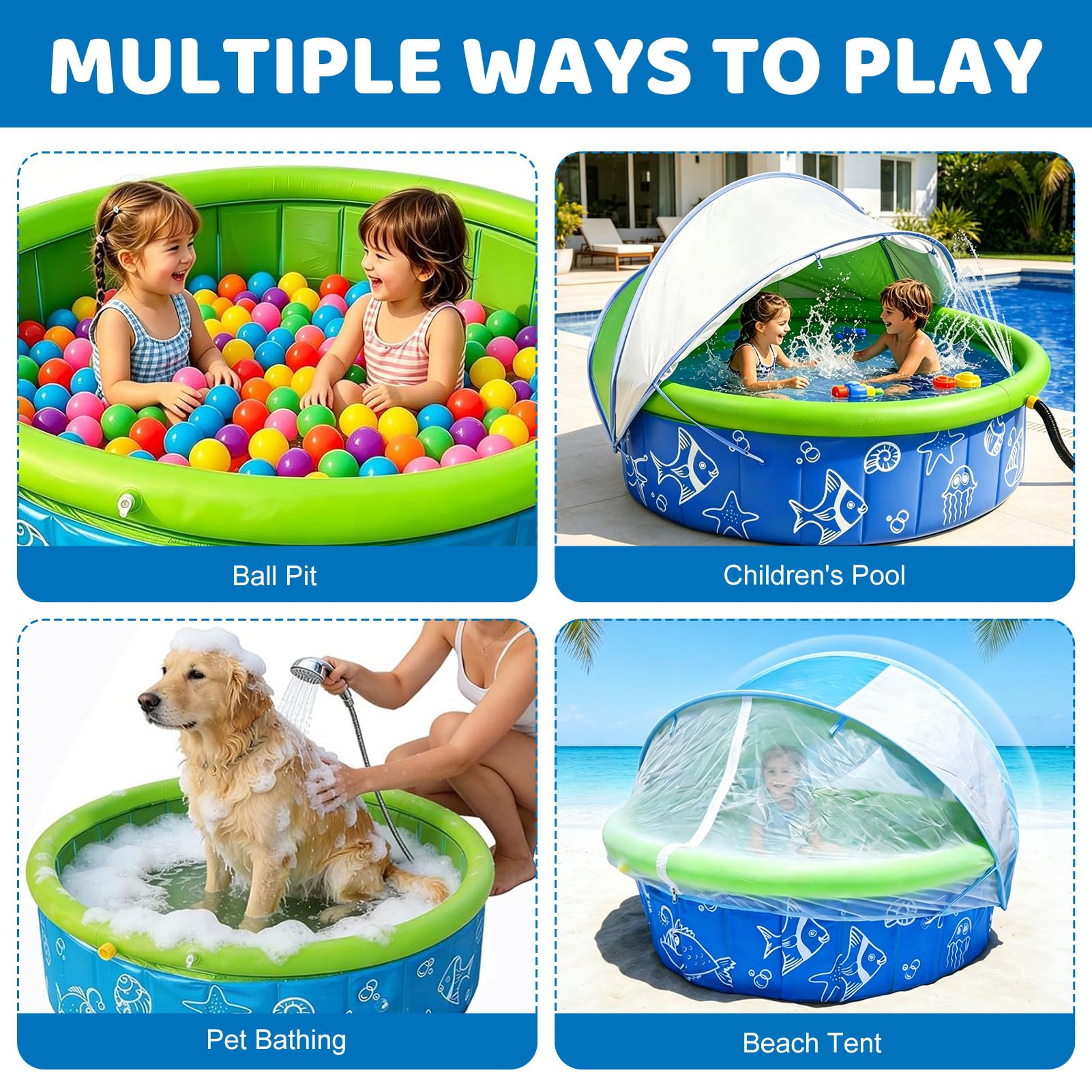 Planschbecken für Baby mit Dach, Strandmuschel Baby Planschbecken mit Sonnenschutz, Klappbarer Abnehmbares Kinderplanschbecke, Aufblasbar Babypool mit Wassersprühfür Strand, Urlaub, Camping (A)